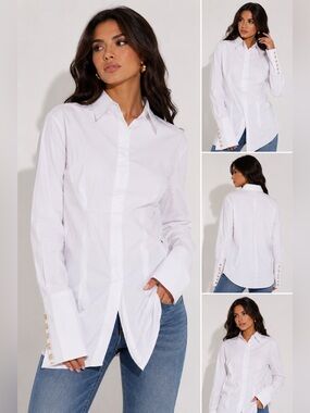 Glitz White Button-Front Shirt with Gold-Cuff Detail